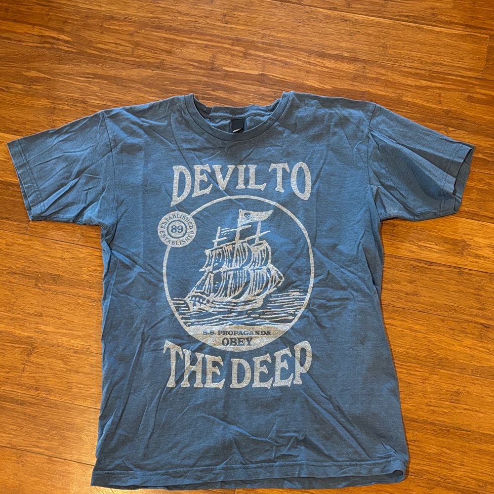 Obey Blue Graphic Tee with Ship Design Size Large